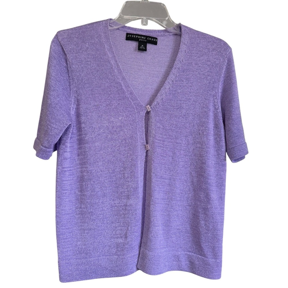 Vintage Josephine Chaus Petite Lavender Purple SS Cardigan Knit V-Neck‎ Top M